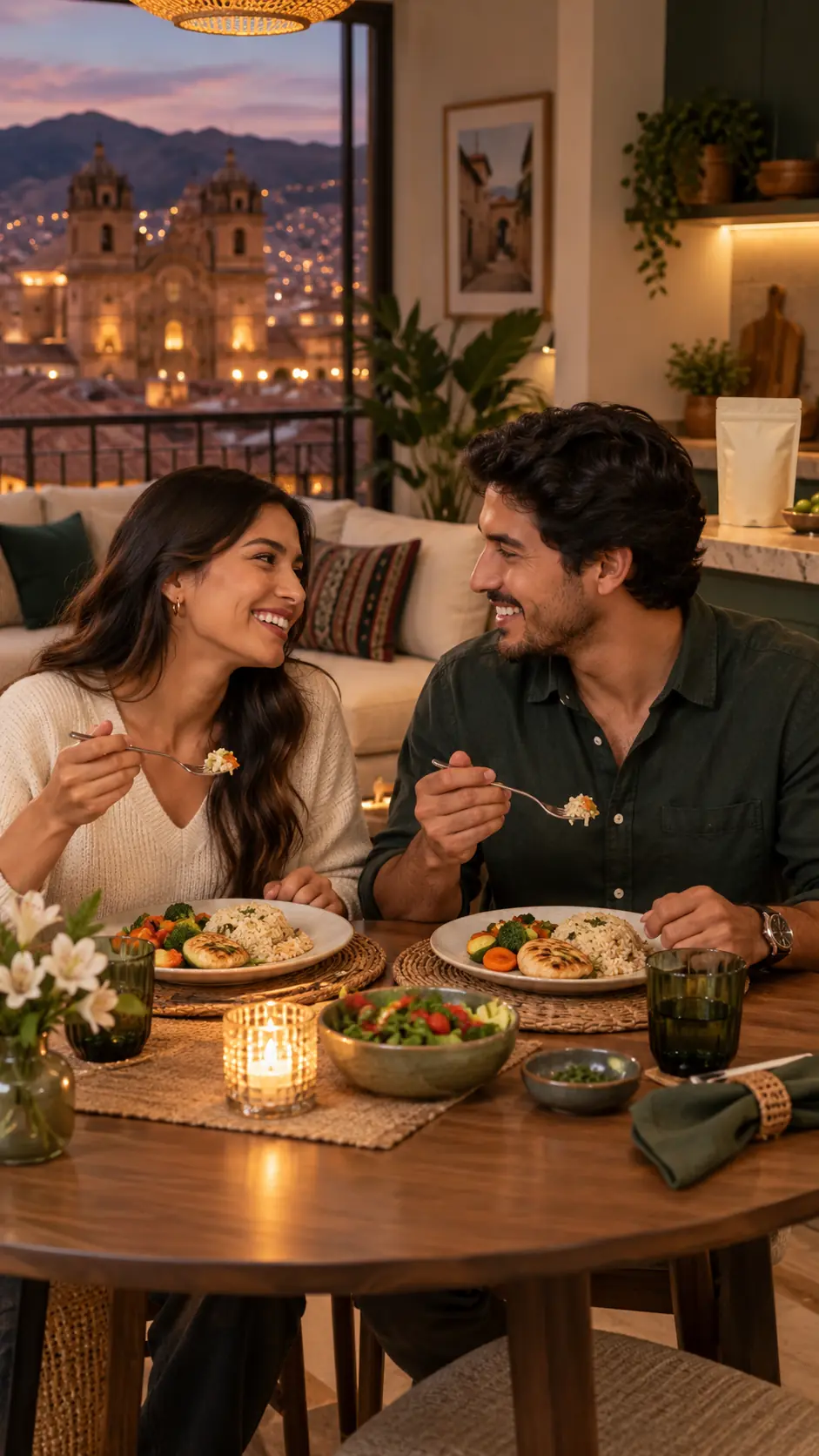 Pareja disfrutando una comida casera en casa
